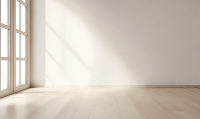 Bright and spacious empty room with wooden flooring and large windows for natural light