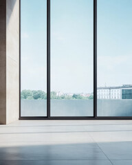 Spacious modern interior with large windows showcasing an urban skyline during daylight