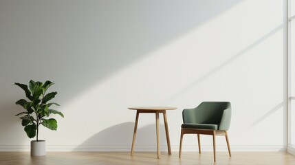 Fototapeta premium Cozy Minimalist Interior with Green Chair, Wooden Table, and Potted Plant under Natural Light in Contemporary Space