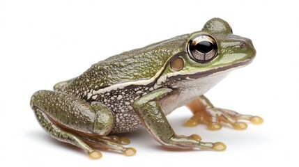 Fototapeta premium Close-Up Portrait of a Green Frog Displaying Detailed Textures and Reflective Eyes on White Background