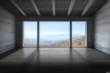 Fototapeta premium Spacious interior with large windows showcasing a breathtaking mountain view at dawn