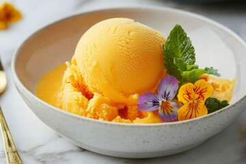 Refreshing mango sorbet with flowers and mint in a bowl on marble table