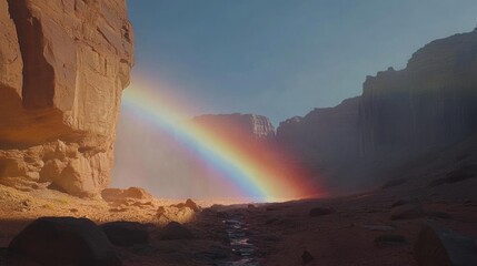 Majestic rainbow arches through a serene desert canyon landscape scene