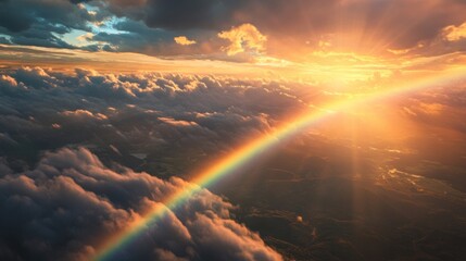 Celestial Canvas, A Vibrant Rainbow Arches Across the Cloudscape Above Earth