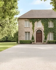 Beautiful ivy-covered stone house surrounded by lush green lawn in bright daylight