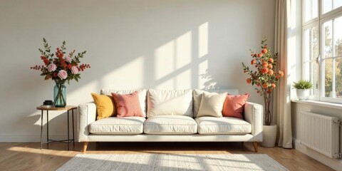 Sunlit Living Room with Elegant Off-White Sofa and Vibrant Floral Arrangements