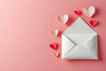 love letter envelope with paper craft hearts - flat lay on pink valentines or anniversary background with copy space