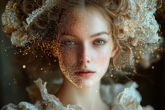 Baroque Portraits in Digital Collapse ornate frames breaking into pixel shards - Powered by Adobe