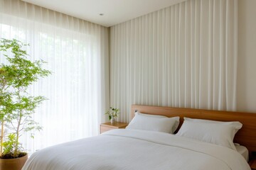 Fototapeta premium Bright, modern bedroom interior with a wooden bed and a plant near window