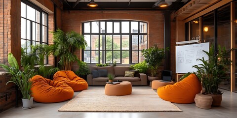 Modern loft apartment with orange beanbag chairs, plants, and a whiteboard.