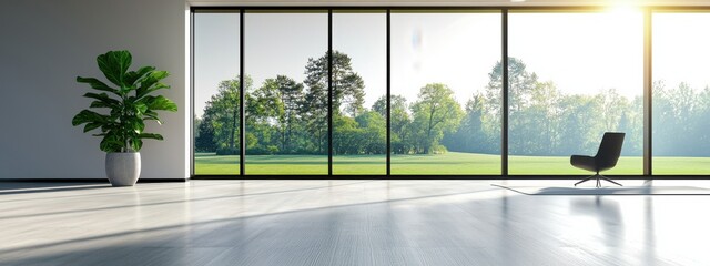 Modern minimalist interior with large windows showcasing lush greenery and a sleek chair in a bright space