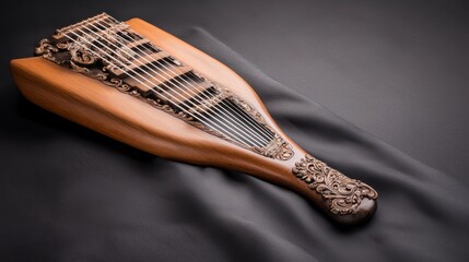 Exquisite Wooden String Instrument with Intricate Carvings on Soft Black Fabric Background