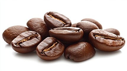 Obraz premium Closeup of Premium Roasted Coffee Beans Stacked on a White Background with Natural Aroma