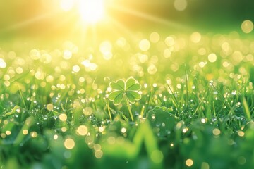 Obraz premium Dewy Four-Leaf Clover Sunrise Meadow