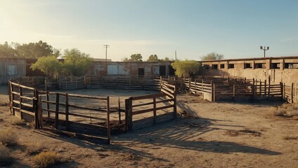A dusty, abandoned rodeo arena with broken wooden fences