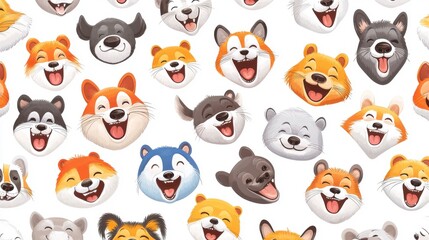 Whimsical and Colorful Animal Faces in a Fun Repeating Pattern on a Light Background
