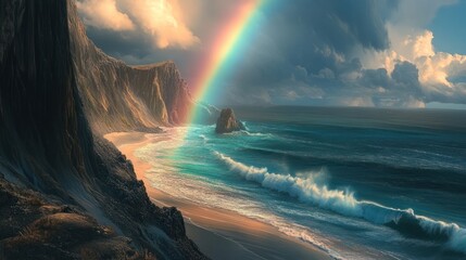 Majestic coastal scene, Rainbow arches over rugged cliffs and ocean waves