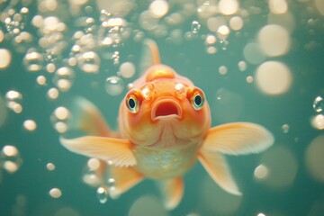 Goldfish swims amidst bubbles in tank, creating serene, underwater pet portrait