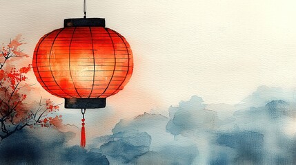 Obraz premium Obon Festival: A Celebration of Ancestral Spirits with Fireworks Tranquil Red Lantern with Watercolor Landscape Background
