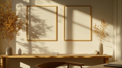 Minimalist Workspace with Empty Frames and Natural Light Casting Shadows on Wooden Table