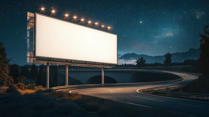 Obraz premium Blank billboard at night, mountain road, starry sky, advertising mockup