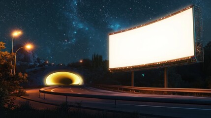 Night highway billboard, tunnel, stars. Advertising mockup