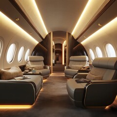 Luxurious private jet cabin interior; comfortable seating, warm lighting,  travel in style
