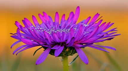Obraz premium Vibrant Purple Flower with Dew Drops in Soft Background Light Capturing Nature's Beauty and Delicate Details