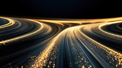 Golden light trails converge, dark background, abstract motion, technology concept