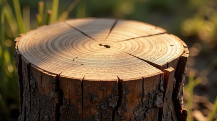 A sunlit tree stump, showing concentric rings and textured bark, sits nestled amongst verdant grasses in a tranquil outdoor setting.