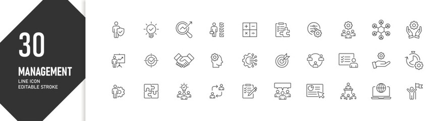 30 Management Line Icons, Editable Stroke, Icon Set for Business and Project Management