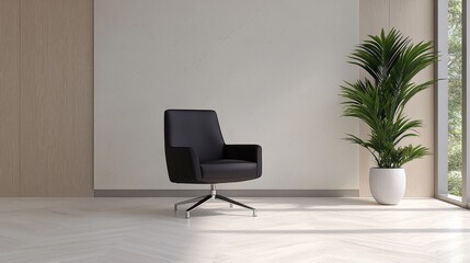 Fototapeta premium Modern black chair in minimalist room with plant