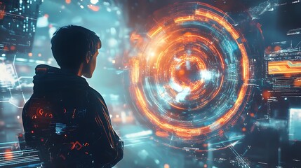 Young boy stands before a vibrant with futuristic digital interface, his gaze fixed on the swirling patterns and glowing lights For scene is a captivating blend of technology and intrigue Concept.