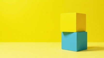 Obraz premium A vibrant yellow backdrop showcases a minimalist composition featuring two painted cubes, one yellow positioned atop a teal cube, creating a visually appealing and balanced arrangement.