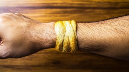 Hand with shiny golden thread wrapped around wrist against a wooden background showcasing creativity and fashion