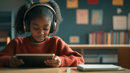 Focused young girl in a classroom using a tablet, wearing headphones, and engaging in digital learning

