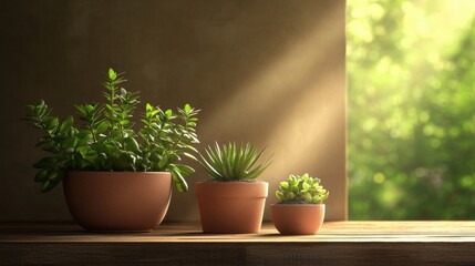 Serene indoor plant arrangement with sunlight backdrop