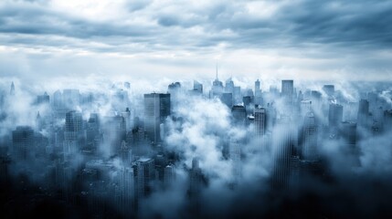 Fototapeta premium A foggy cityscape shrouded in mist, showcasing towering buildings under a cloudy sky, evoking a sense of mystery and tranquility.