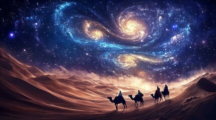 Fototapeta premium Three camels travel across the Sahara under a breathtaking starry sky with swirling galaxies illuminating the night.