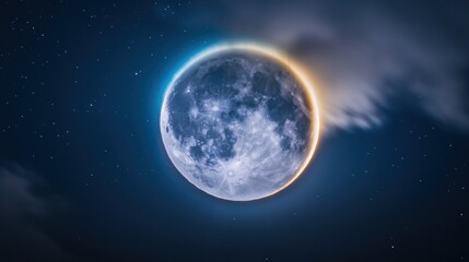 Mystical moonscape displaying celestial glow amidst starry, clouded night