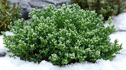 Frosty evergreen shrub garden winter snow