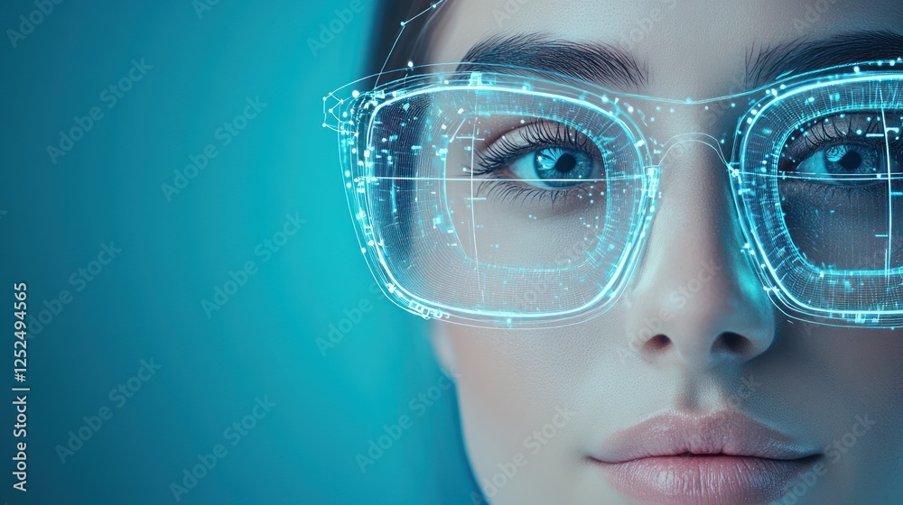 Poster close-up of a person wearing innovative glasses with digital interface elements against a blue backg