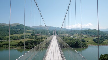 Obraz premium Suspension bridge over river valley, scenic mountains background. Travel, landscape photography