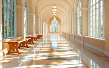 Fototapeta premium Serene Hallway with Elegant Arched Windows and Natural Light in Luxurious Indoor Space