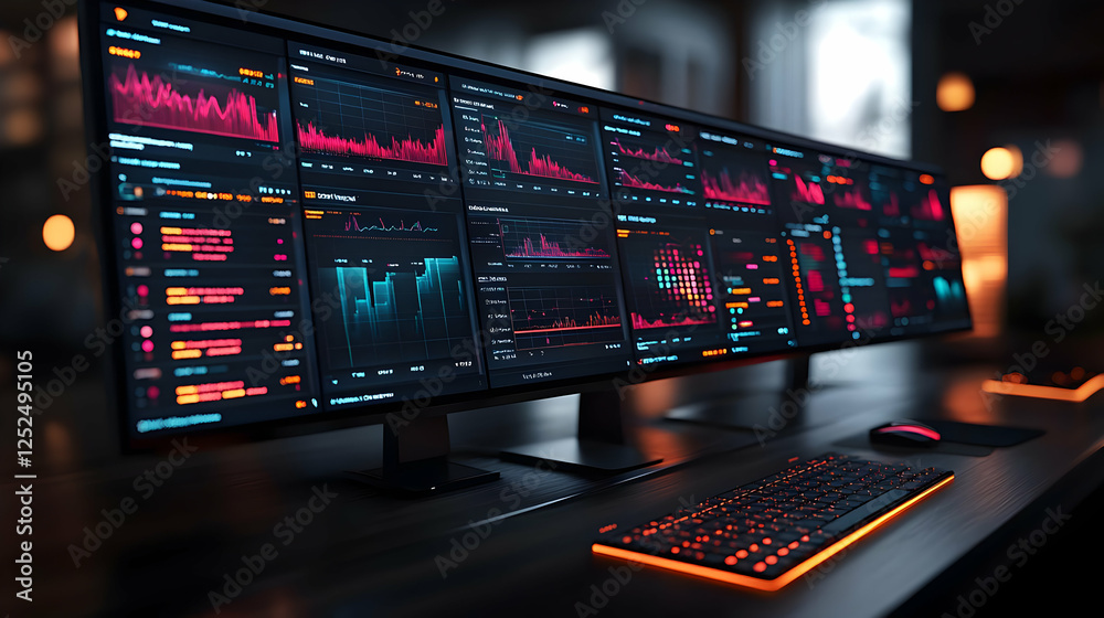 Poster multiple monitors displaying data graphics in dark office