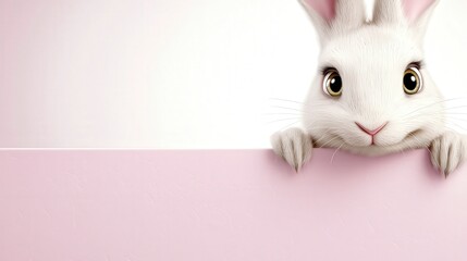 Cute cartoon rabbit with big eyes peeking over a pink background