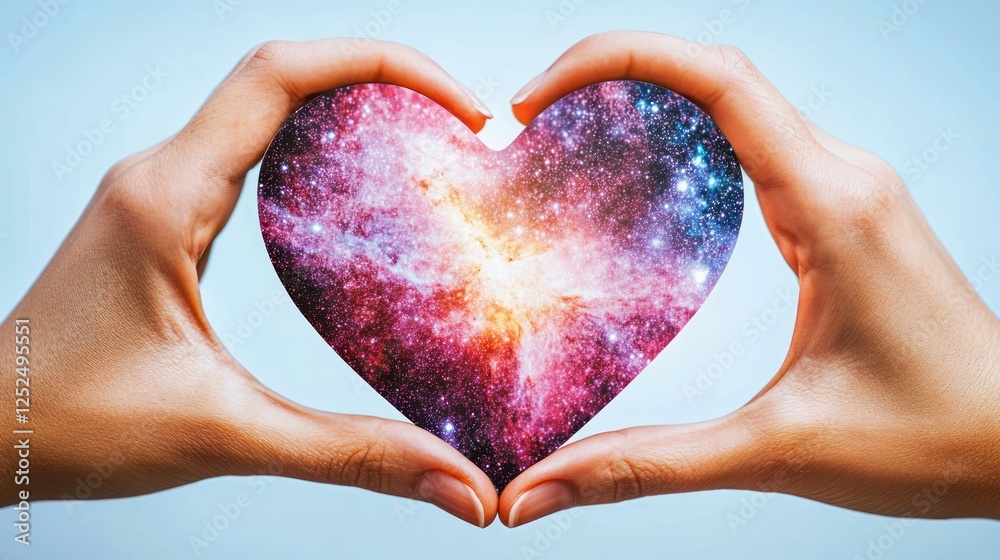 Poster hands forming heart shape with colorful galaxy design inside against soft blue background