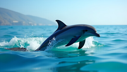 Naklejka premium Stunning High-Definition Dolphin Image – Graceful Marine Beauty in Crystal Clear Waters.