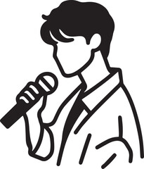 a black and white line drawing of a person holding a microphone