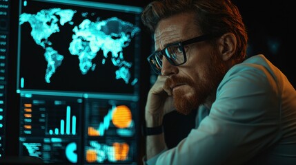 Businessman Analyzing Global Data with Futuristic Technology in a Dark Office Environment at Night